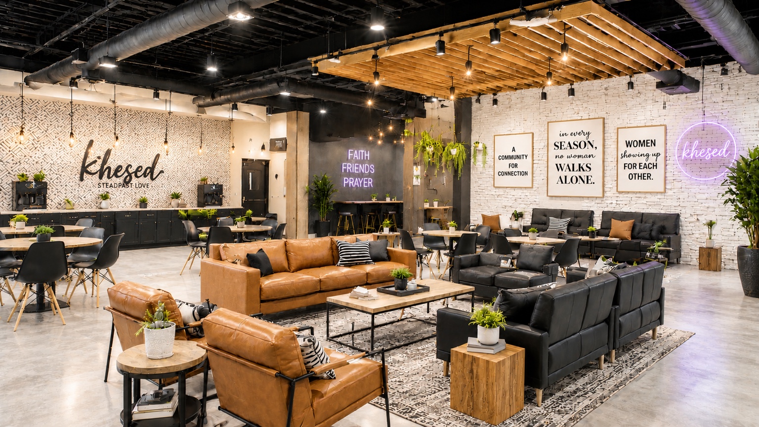 The Khesed lounge: leather sofas, café tables and a neon sign reading faith, friends, prayer
